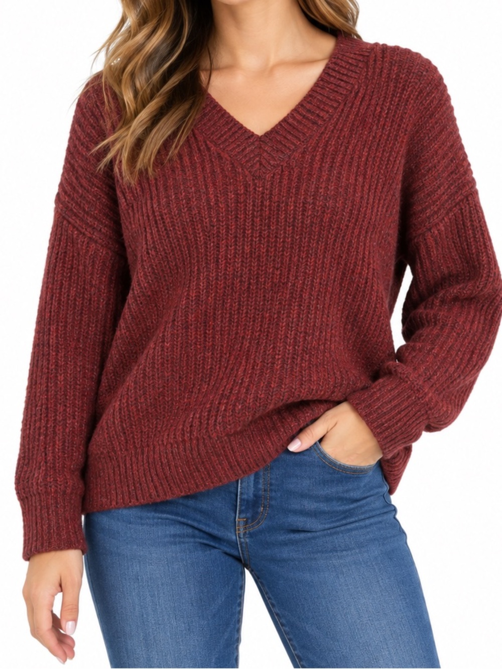 Wool Blend Calvin Klein Burgundy Rust V Neck Chunky Knit Sweater Size L